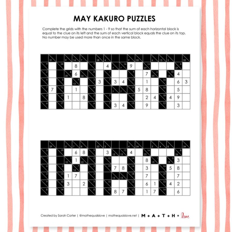 Kakuro Puzzles (Free Printable PDFs)