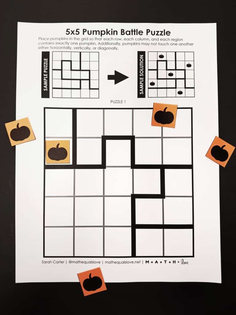 pumpkin battle logic puzzles with cut out pumpkin manipulatives.