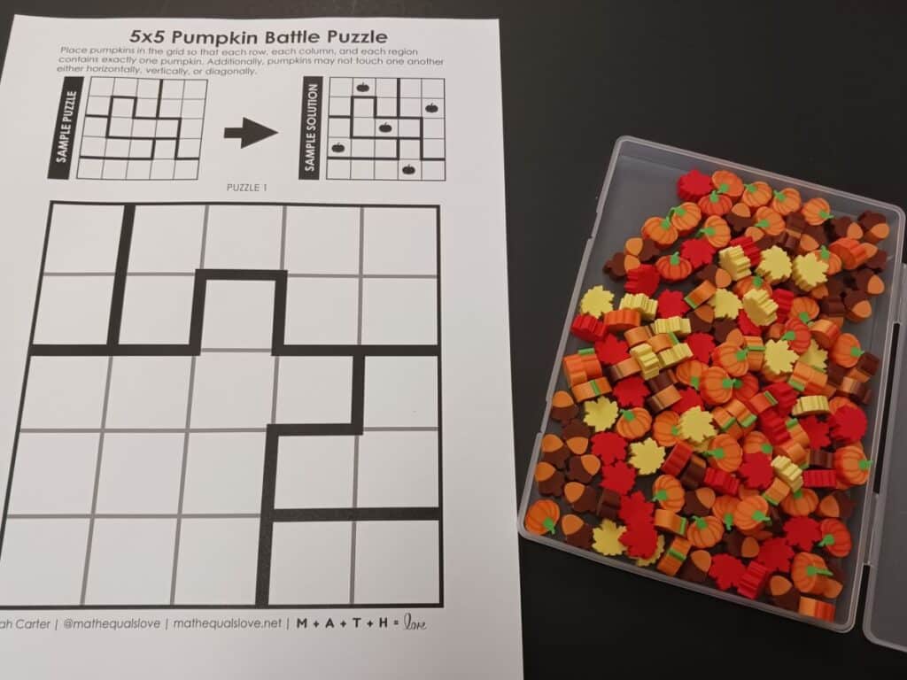 pumpkin battle logic puzzles with mini erasers as manipulatives.
