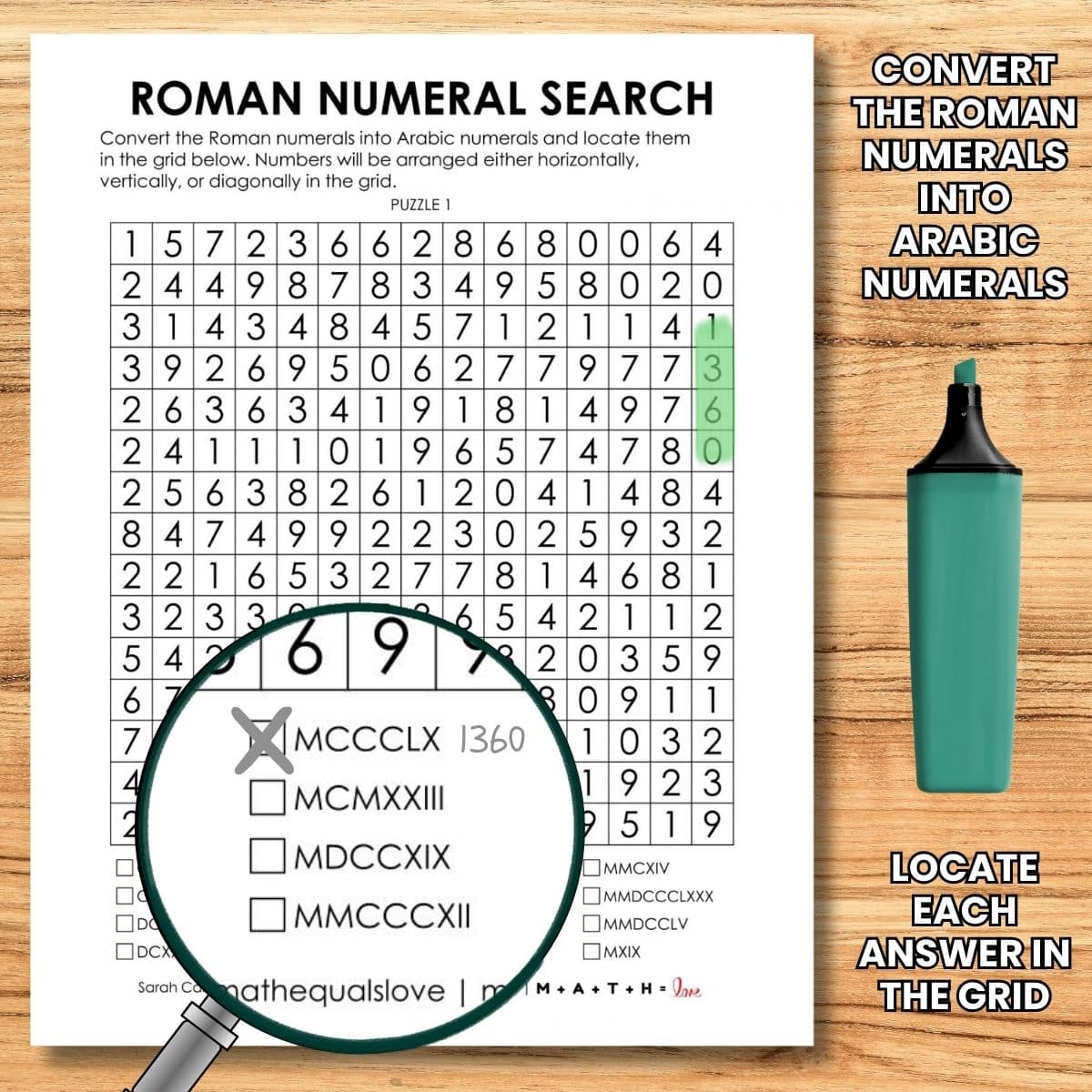 converting roman numerals search puzzle. free printable pdf.