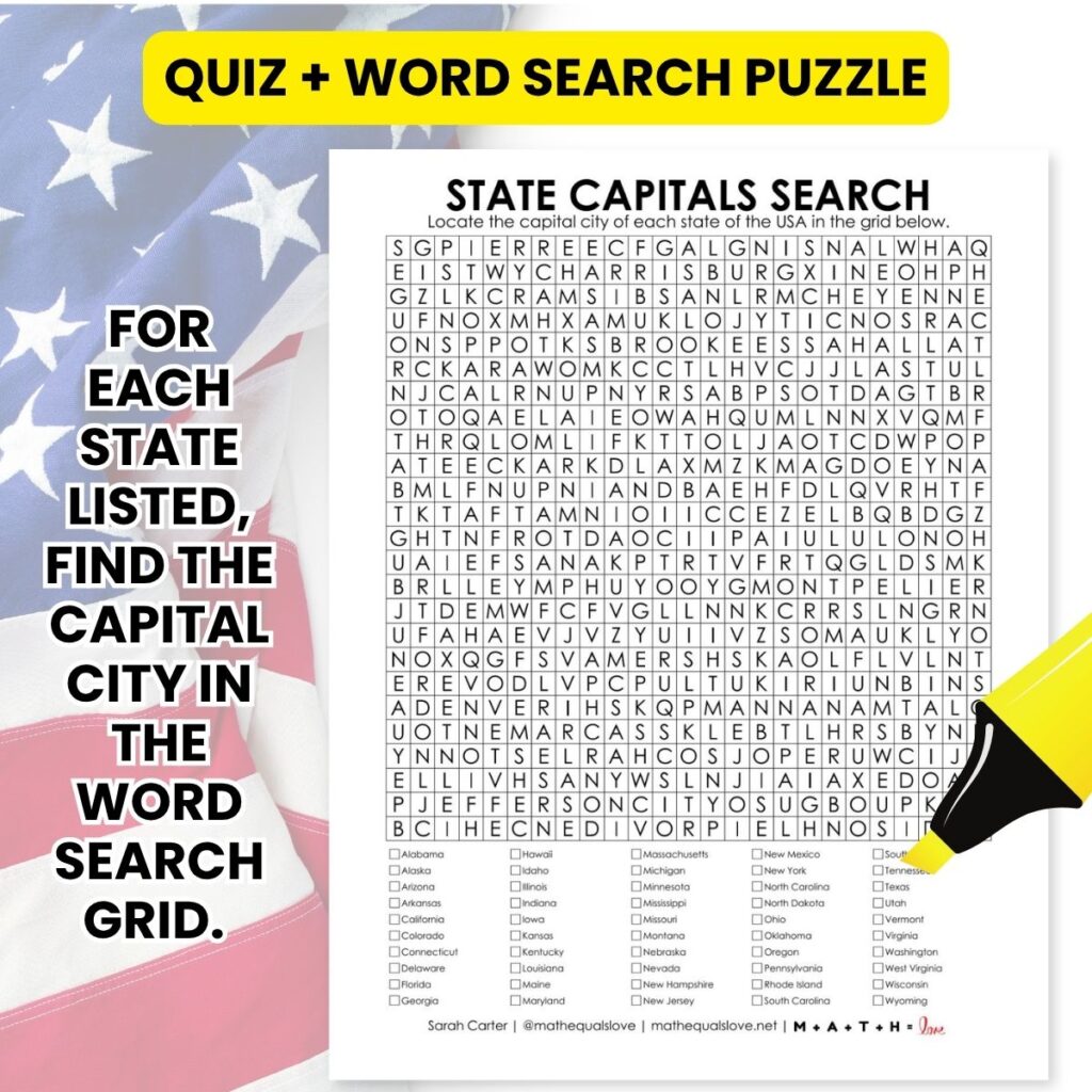 usa state capitals word search quiz puzzle.