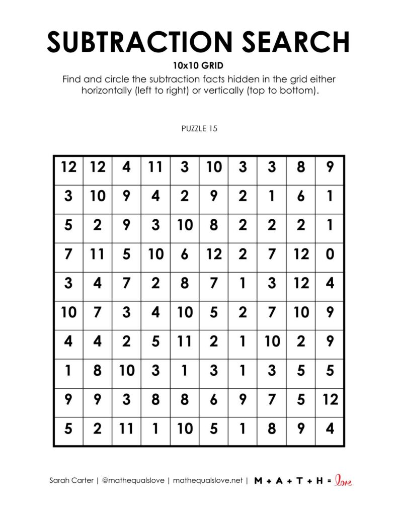 10x10 subtraction search puzzle.
