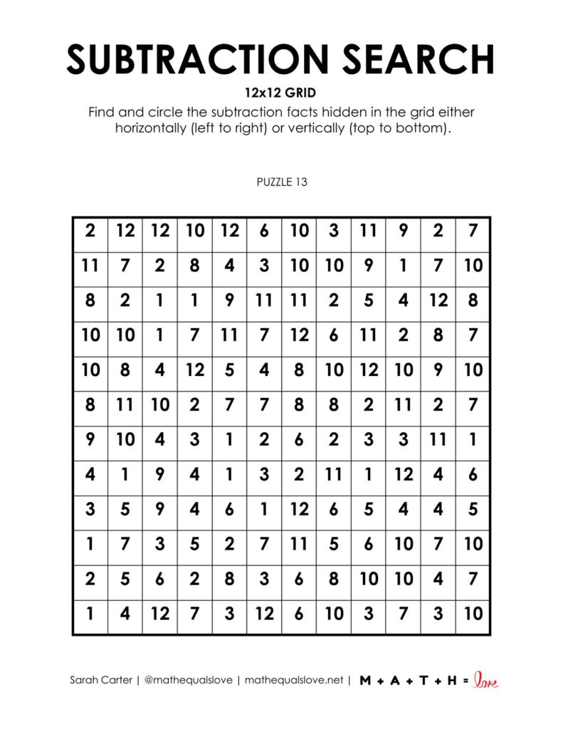 12x12 subtraction search puzzle worksheet.