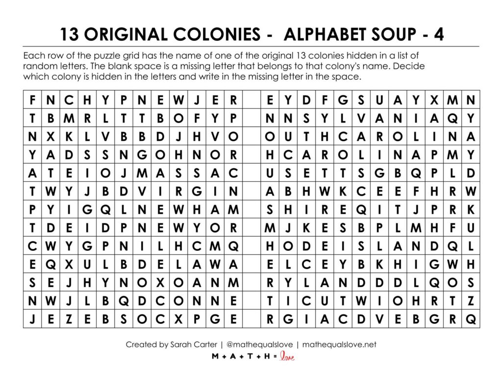 13 colonies alphabet soup puzzle worksheet.