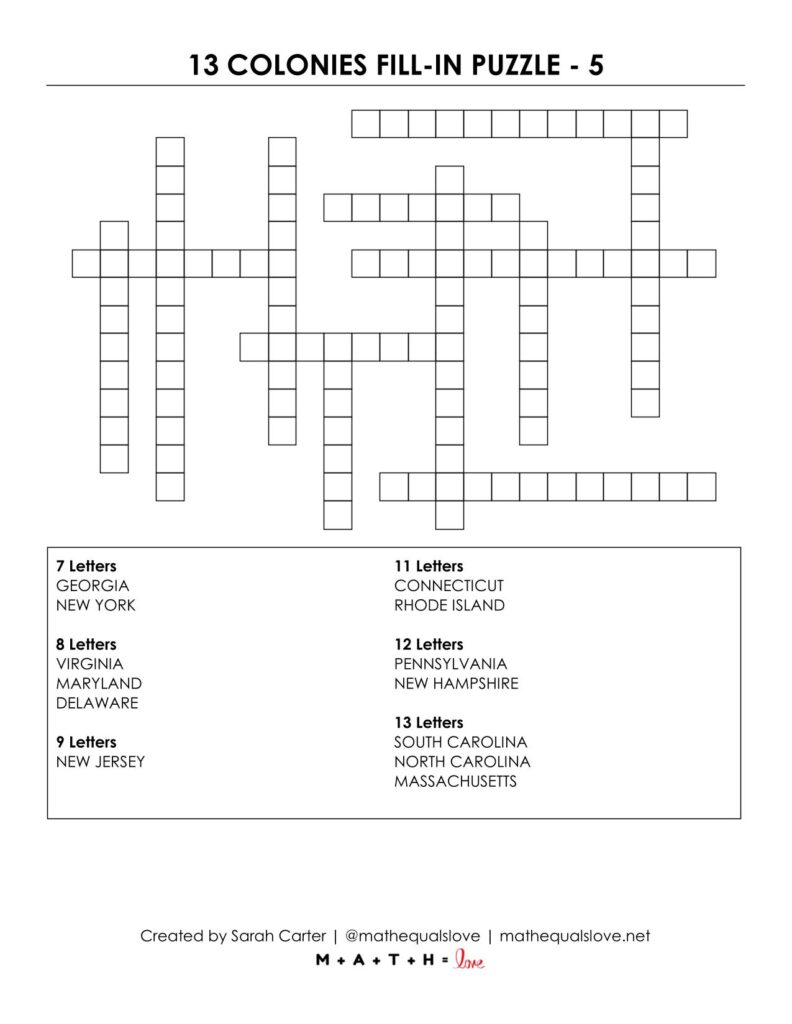 13 colonies fill-in puzzle worksheet pdf.