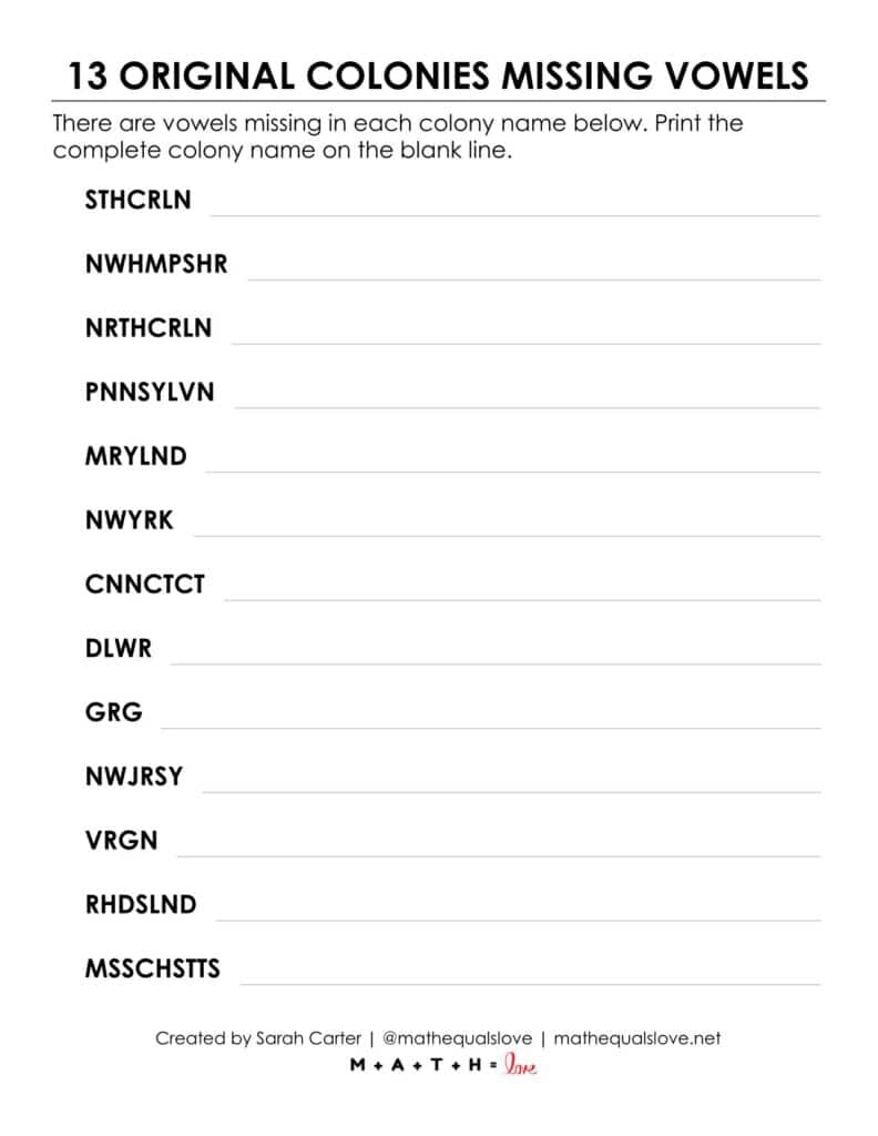 13 colonies missing vowels worksheet puzzle.