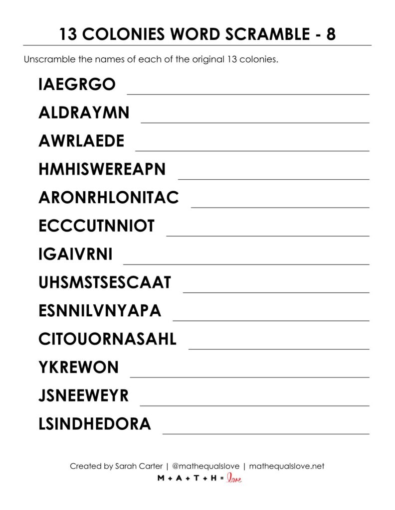 screenshot of 13 colonies word scramble puzzle worksheet.