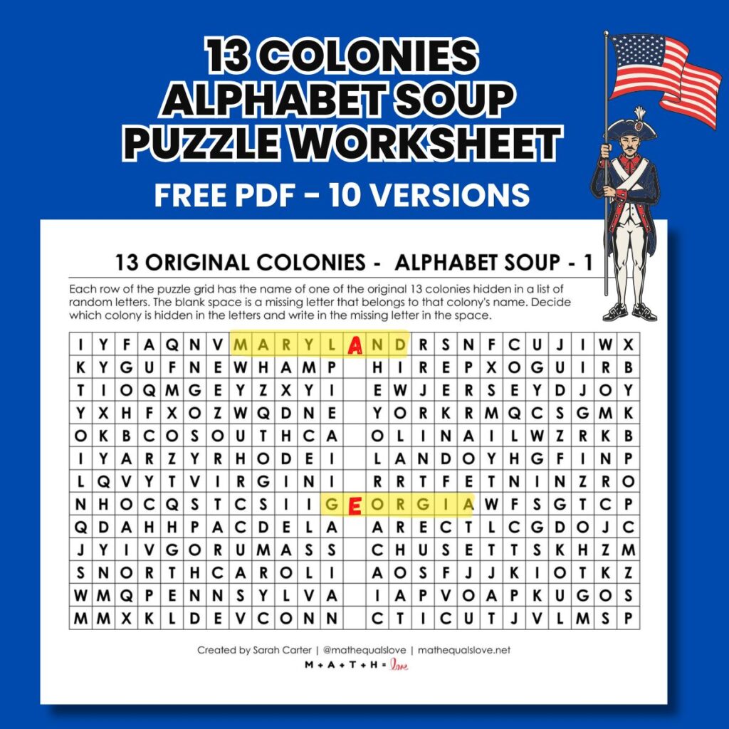 13 Colonies Alphabet Soup Puzzle Worksheet | Math = Love