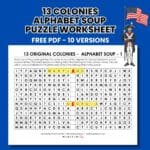 13 colonies worksheet alphabet soup puzzle.