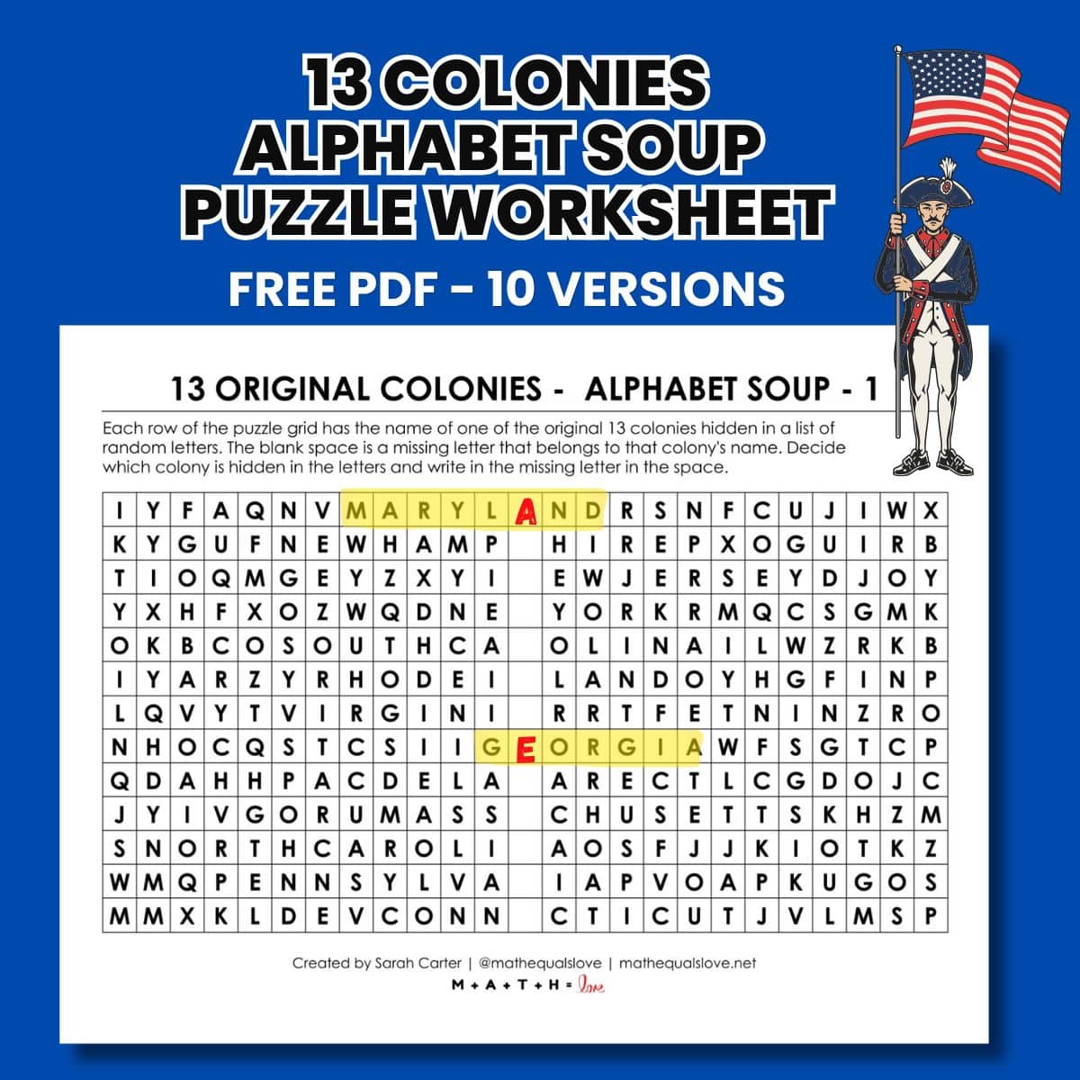 13 Colonies Alphabet Soup Puzzle Worksheet | Math = Love