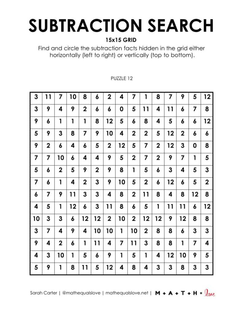 15x15 subtraction search puzzle worksheets.