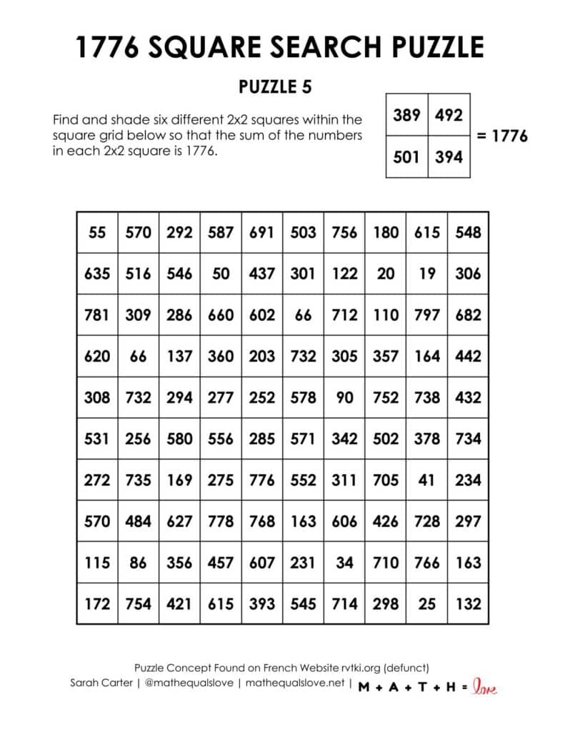1776 square search puzzle for independence day.