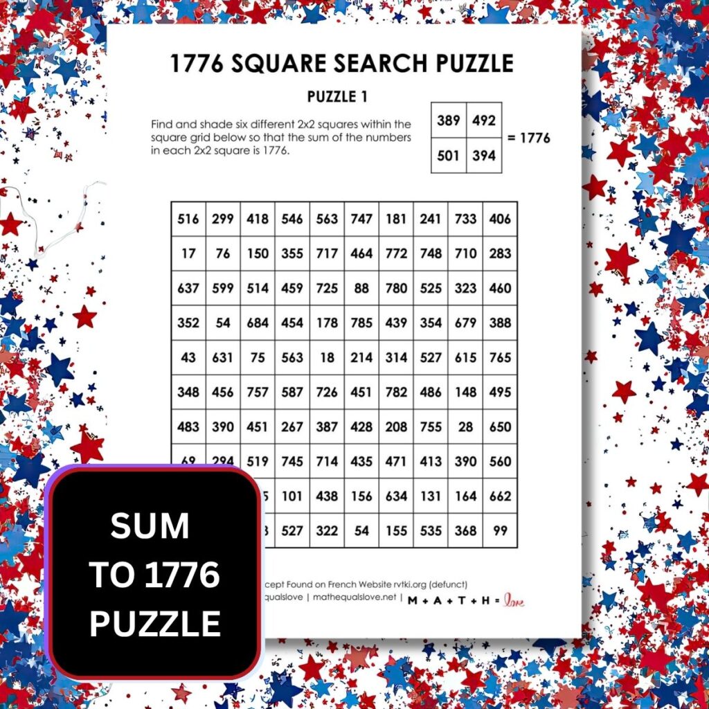 1776 square search puzzles for america's independence day.