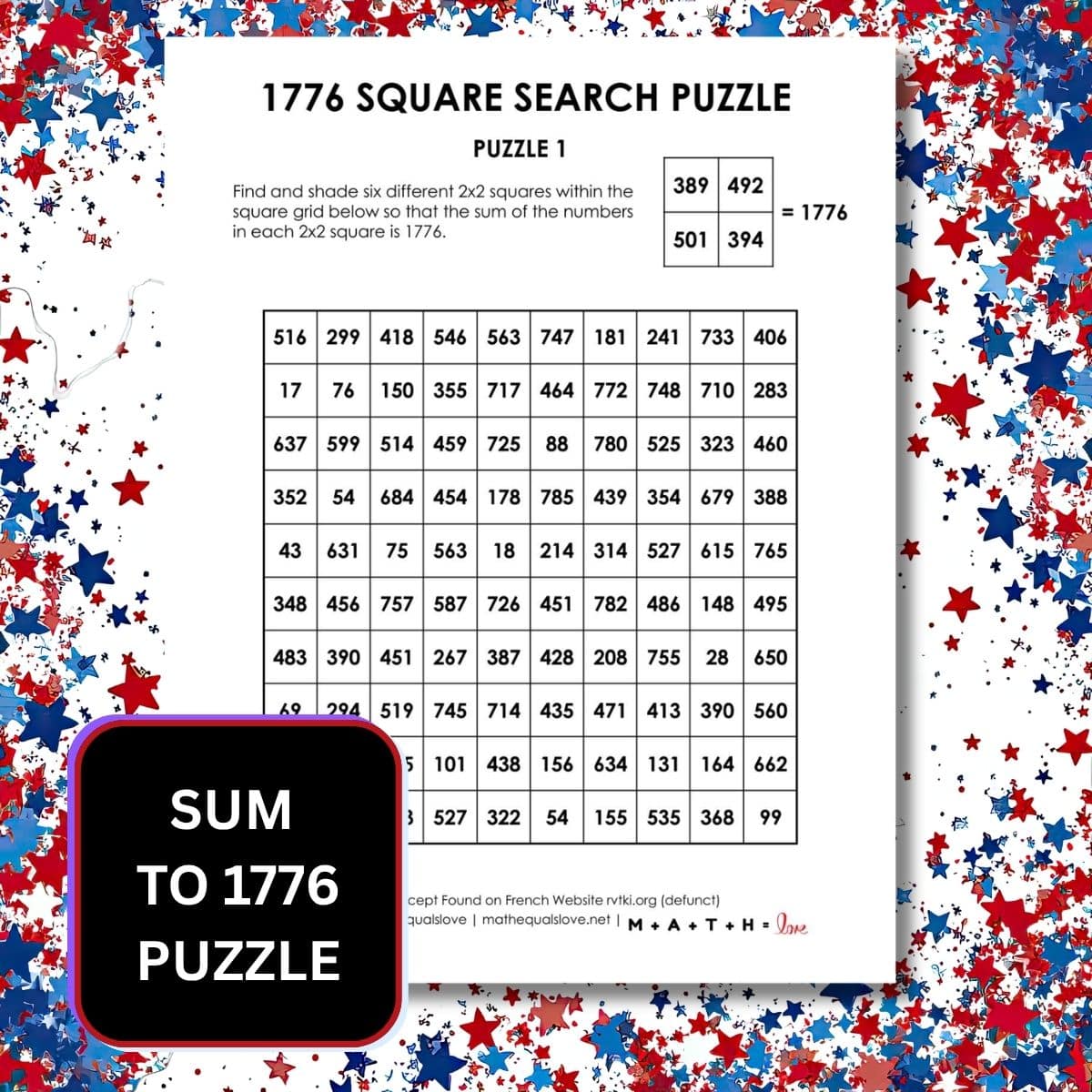 1776 square search puzzles for america's independence day.