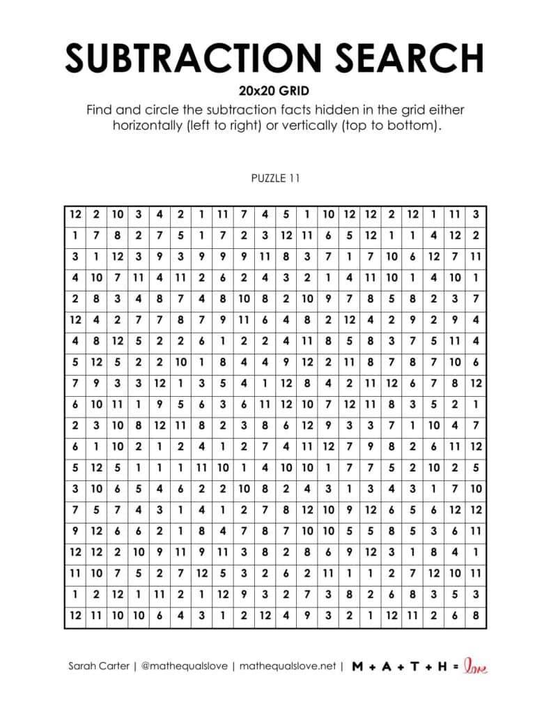 20x20 subtraction search puzzle worksheet.