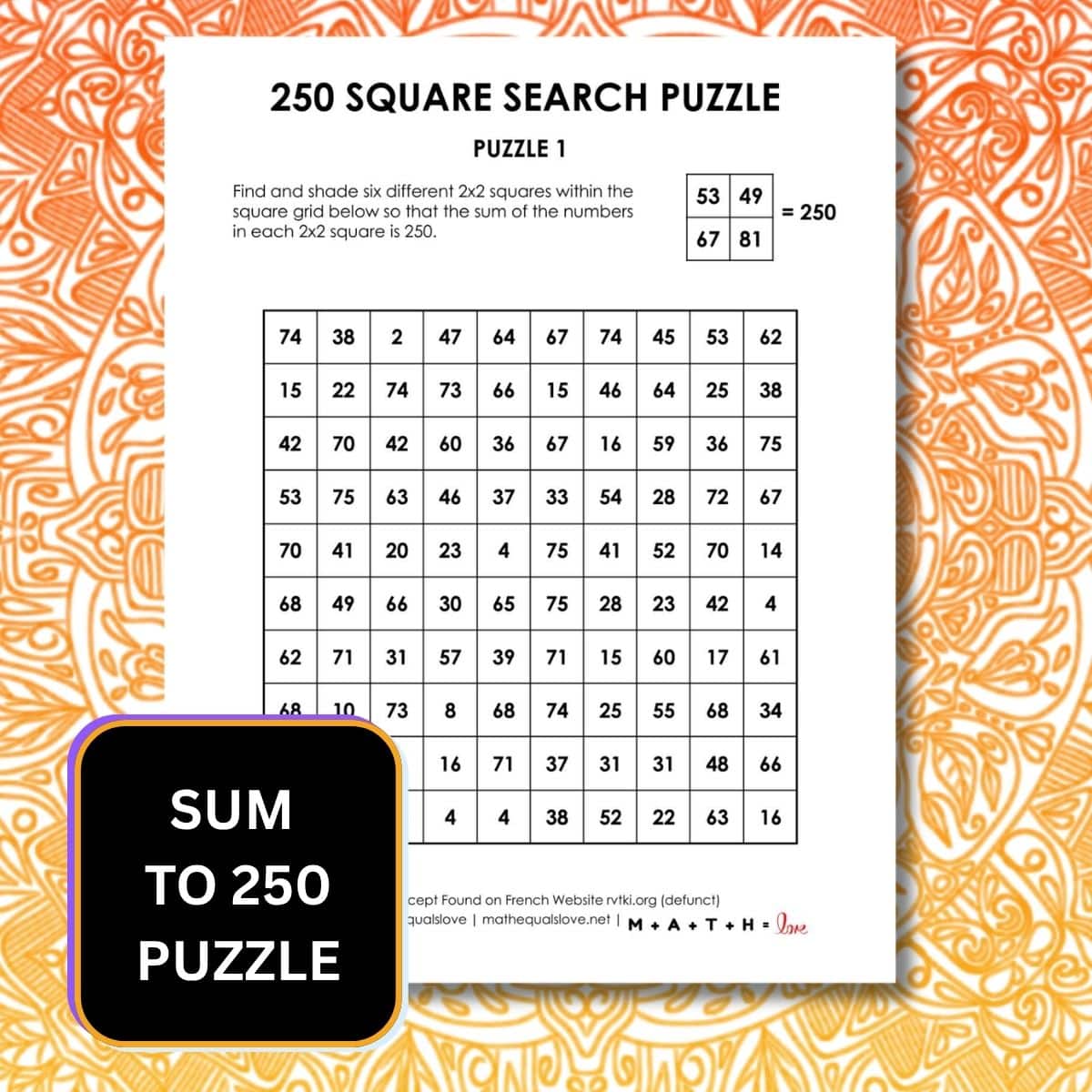 250 square search logic puzzle.