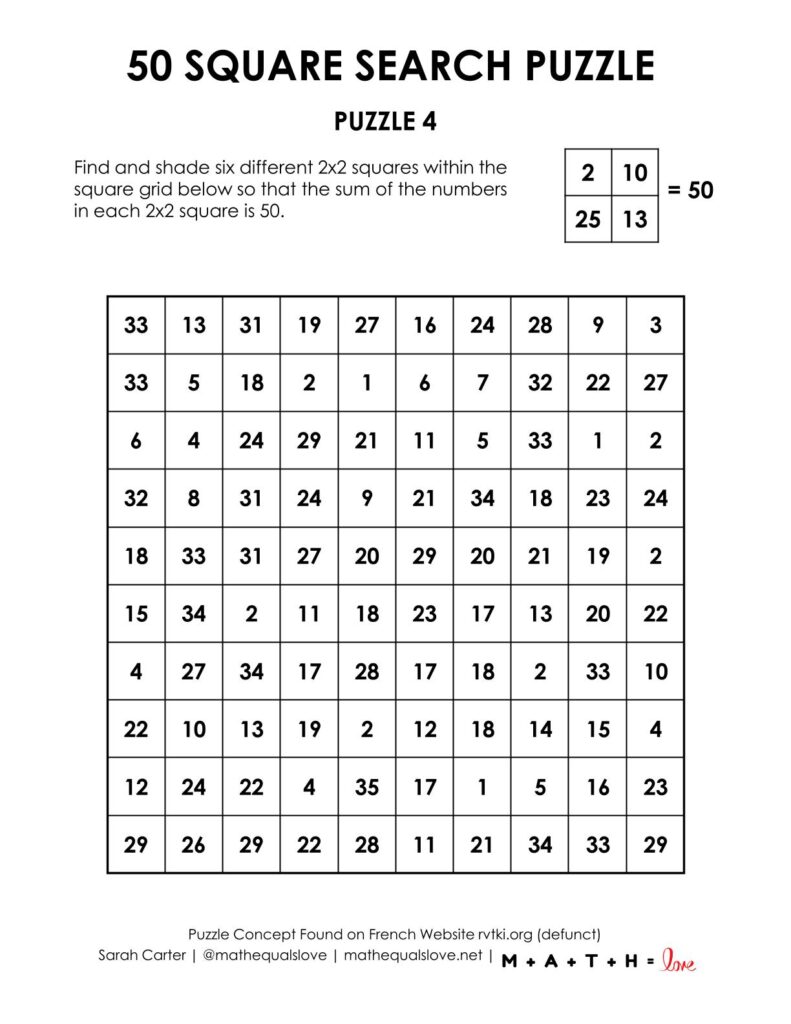 50 square search addition puzzle.