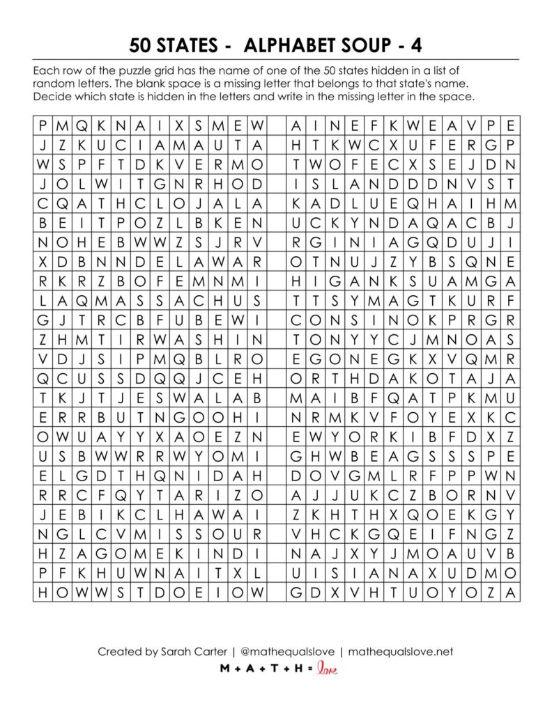 50 states alphabet soup word search puzzle.