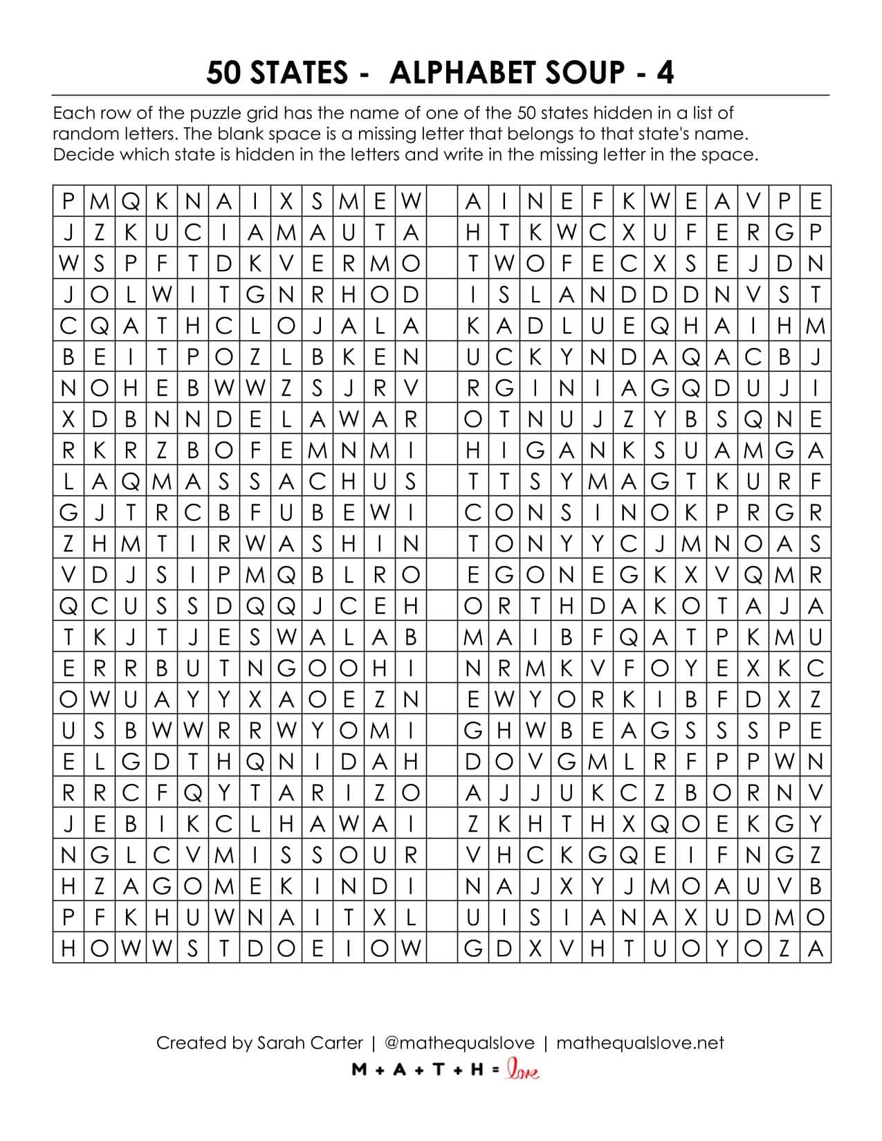 50 States Alphabet Soup Puzzle Worksheet | Math = Love