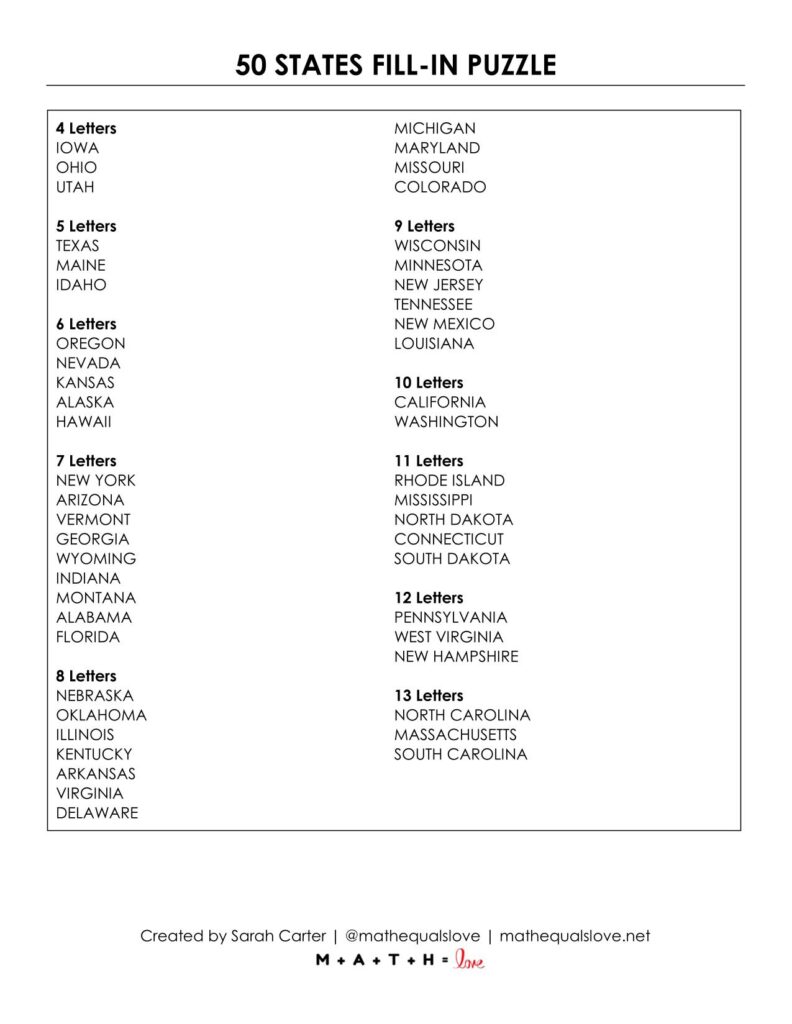 50 states of usa fill-in puzzle worksheet page 2.