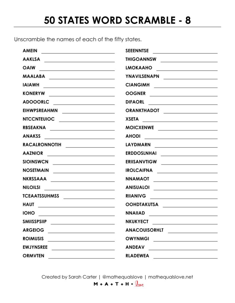 screenshot of 50 states in usa word scramble puzzle.