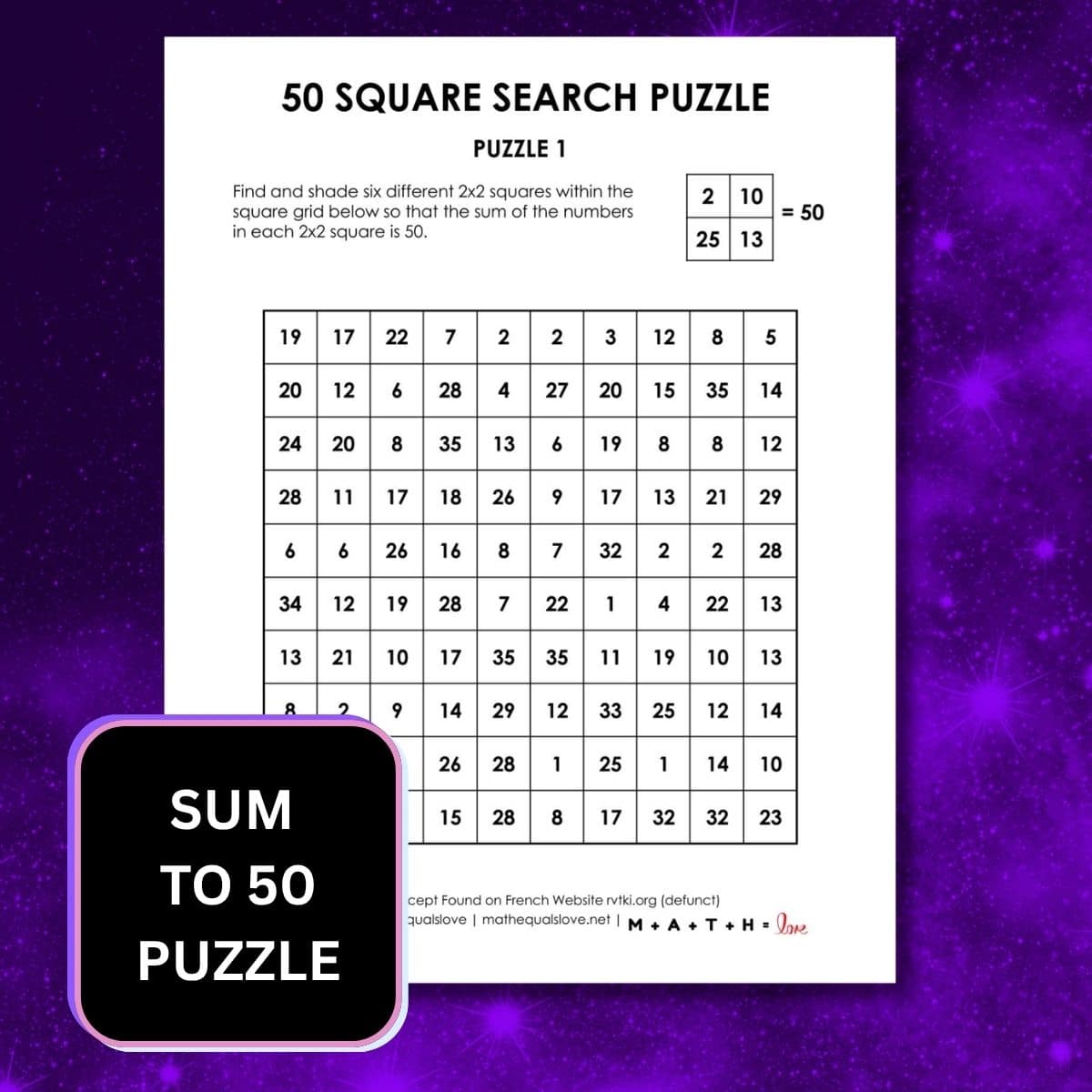 50 square search puzzles.