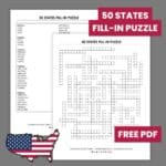 50 states of usa geography fill-in puzzle worksheet.