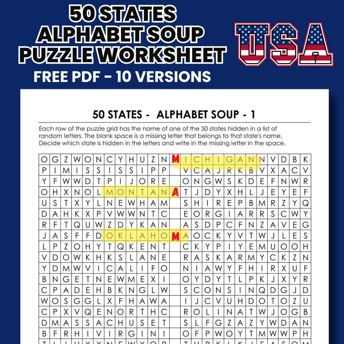 50 states word search puzzle worksheet.