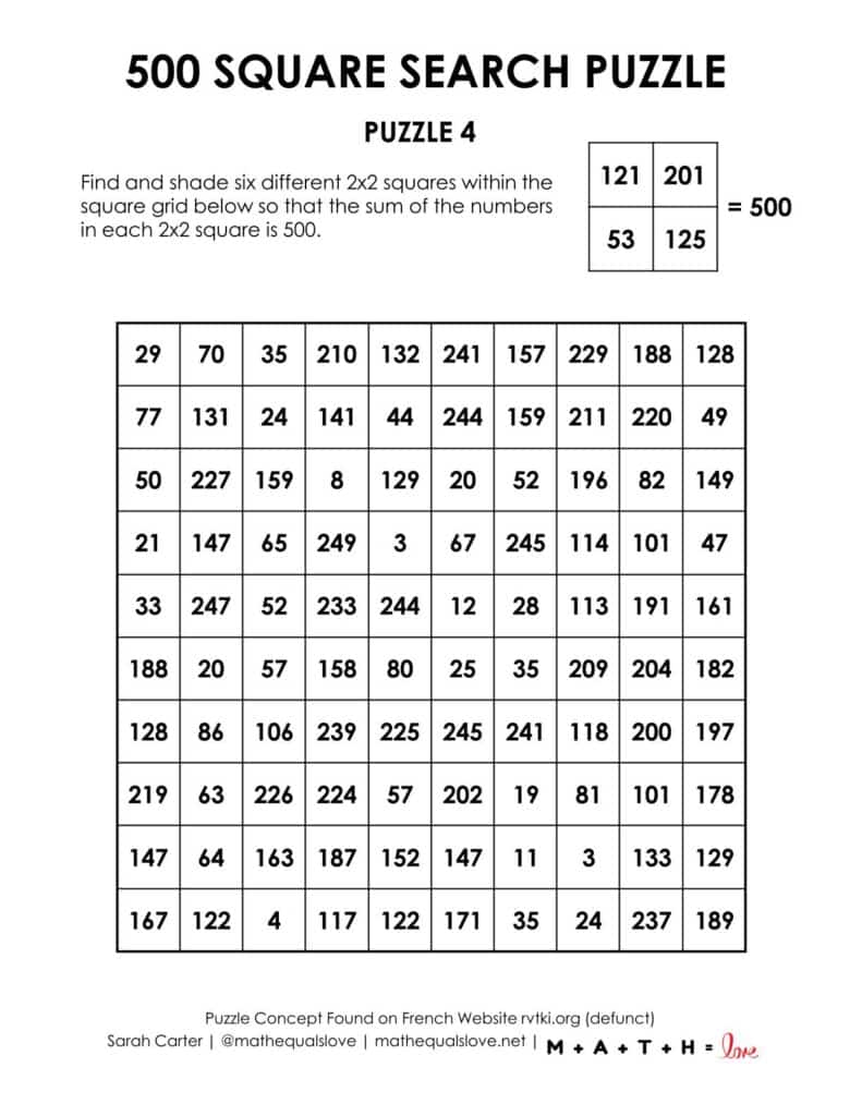 screenshot of 500 square search puzzle page.