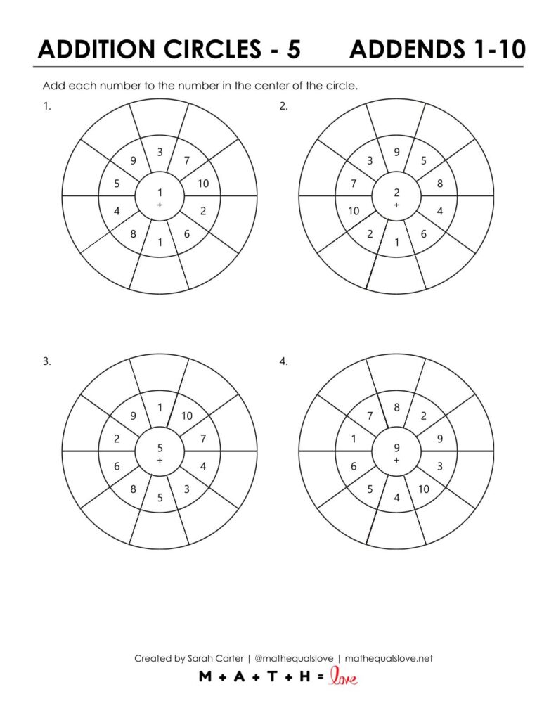 addition circles worksheet screenshot.