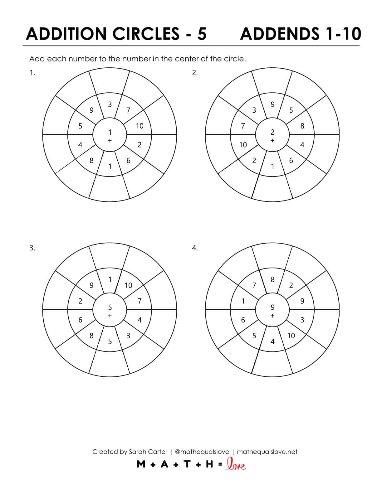 Addition Circle Practice Worksheets (Addends 1-10) | Math = Love