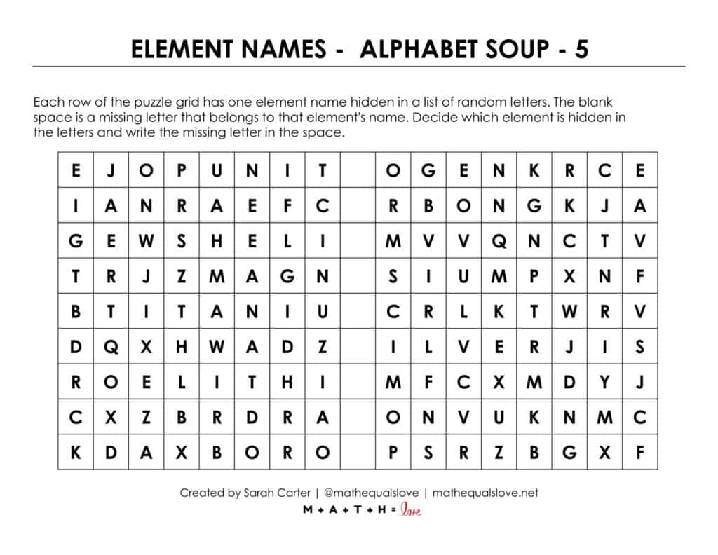 periodic table of the elements alphabet soup worksheet with word search puzzle.