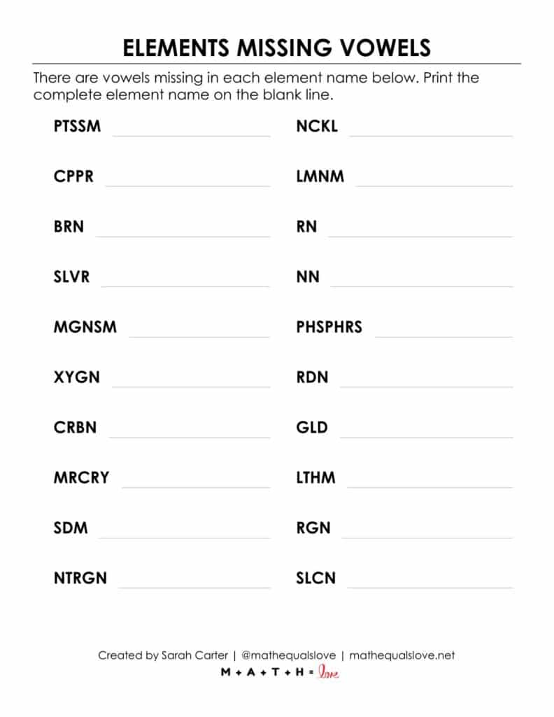 screenshot of elements missing vowels puzzle workheet.