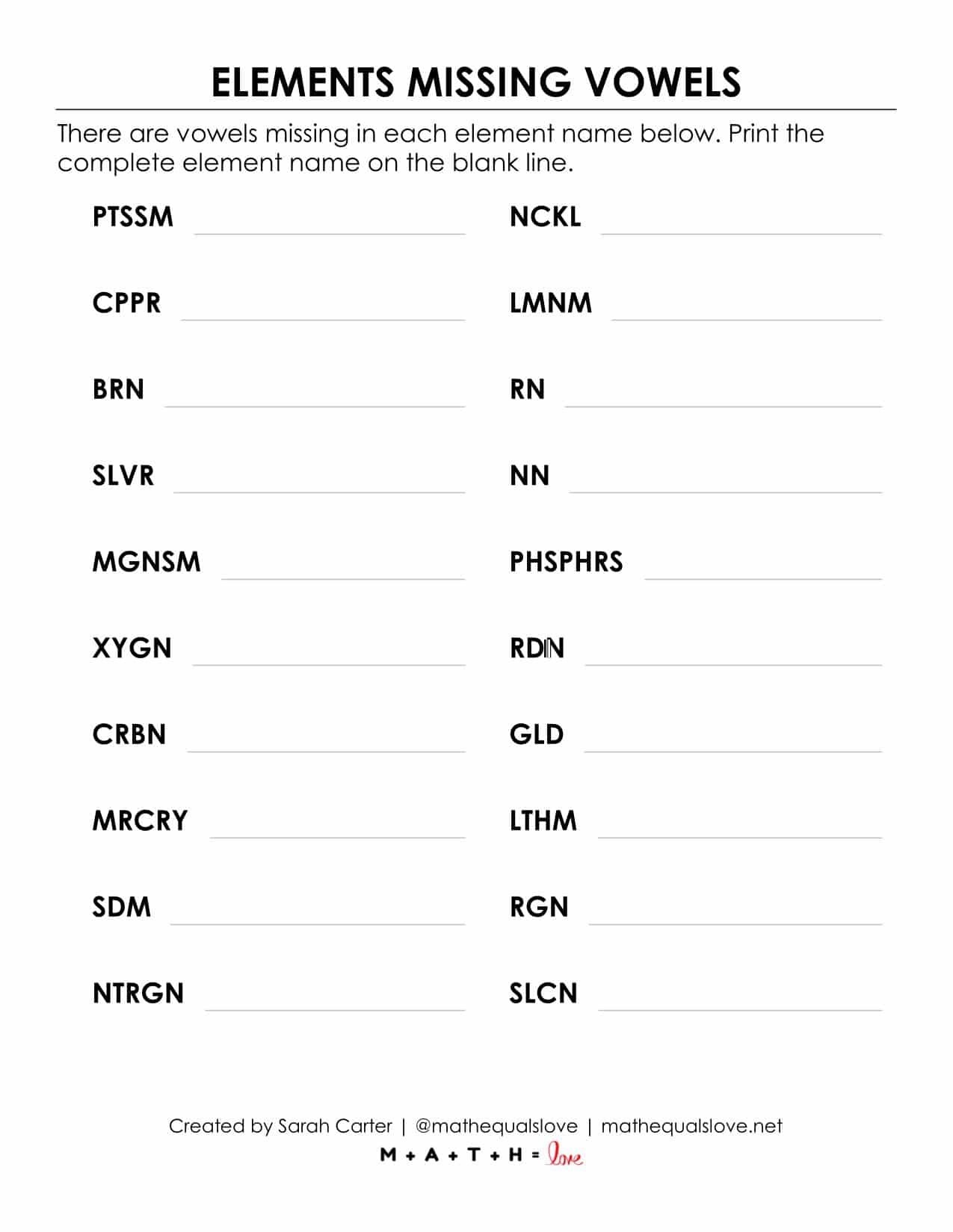 Elements Missing Vowels Puzzle Worksheet | Math = Love