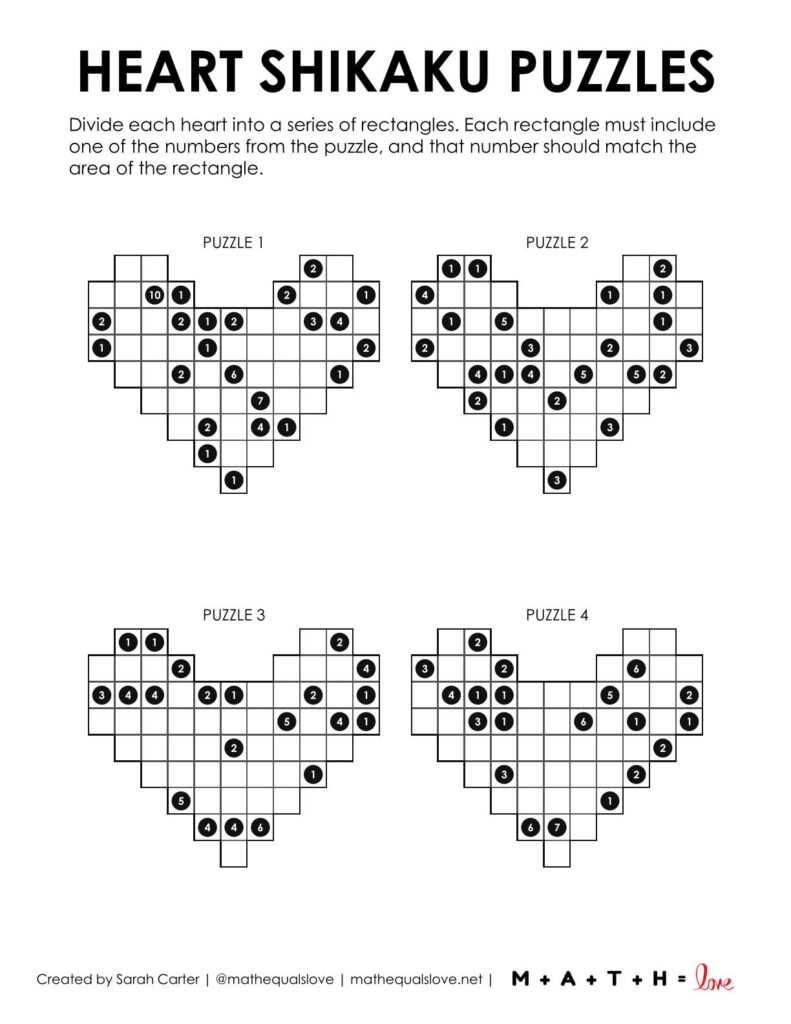 screenshot of heart shikaku puzzles for valentine's day.