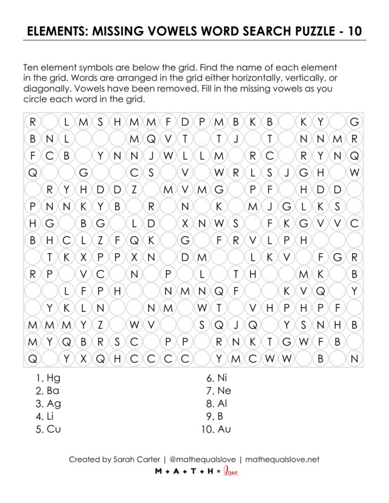 Elements Missing Vowels Word Search Puzzle | Math = Love