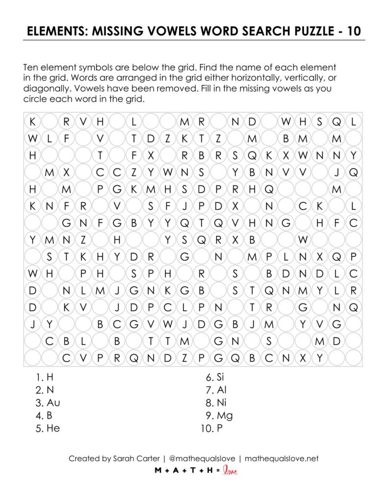 elements missing vowels word search puzzle.