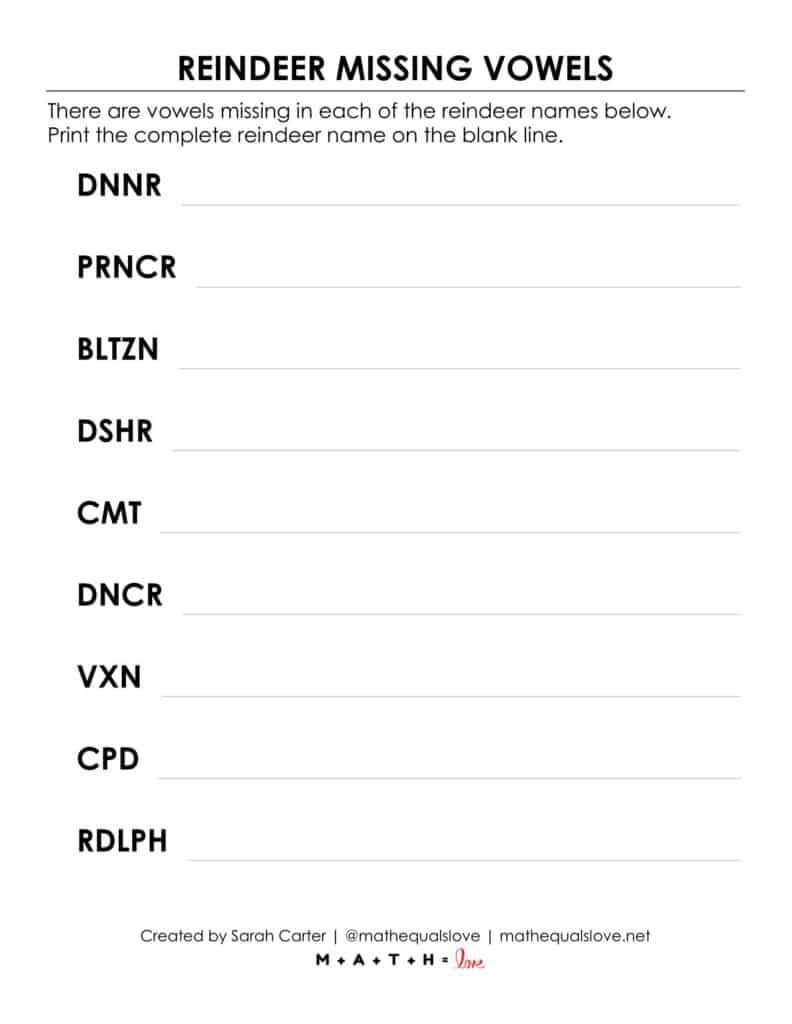 screenshot of reindeer missing vowels puzzle for christmas.
