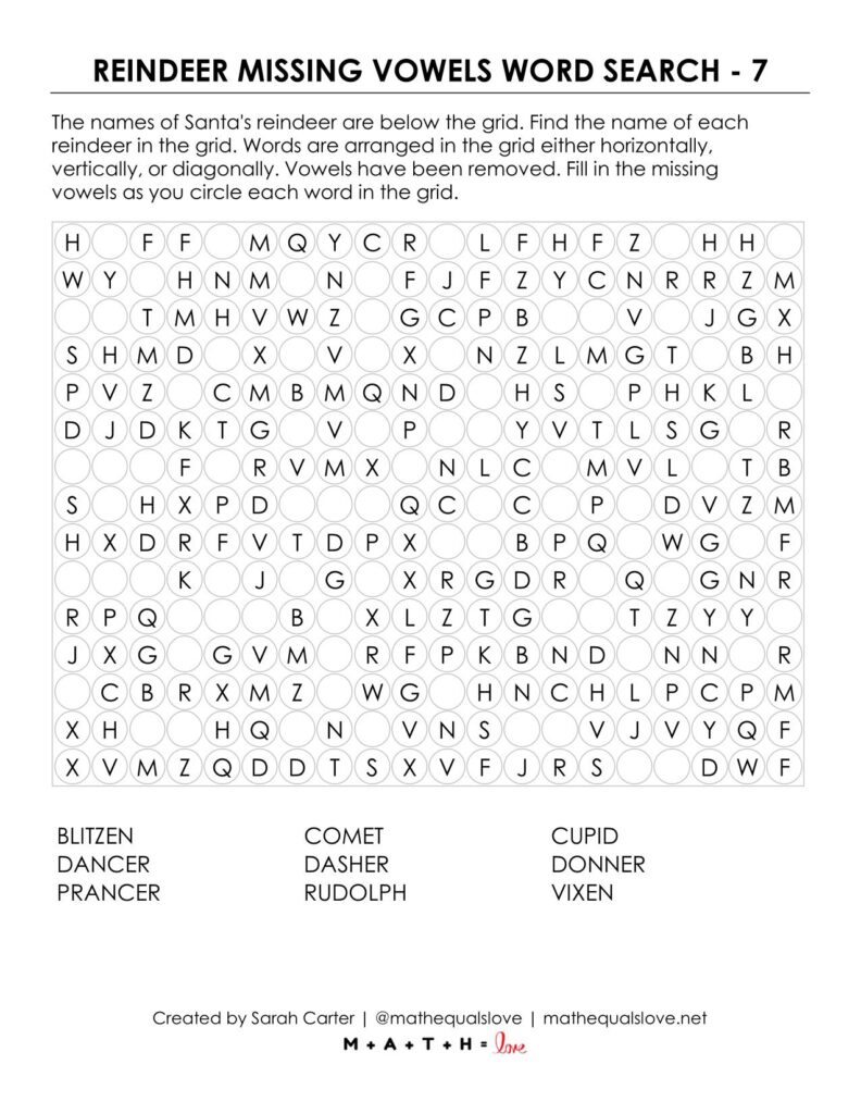 screenshot of reindeer missing vowels word search puzzle.