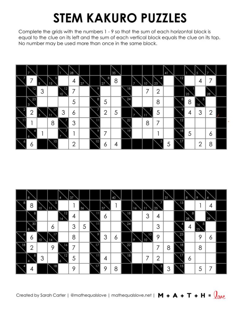 screenshot of STEM kakuro logic puzzles.