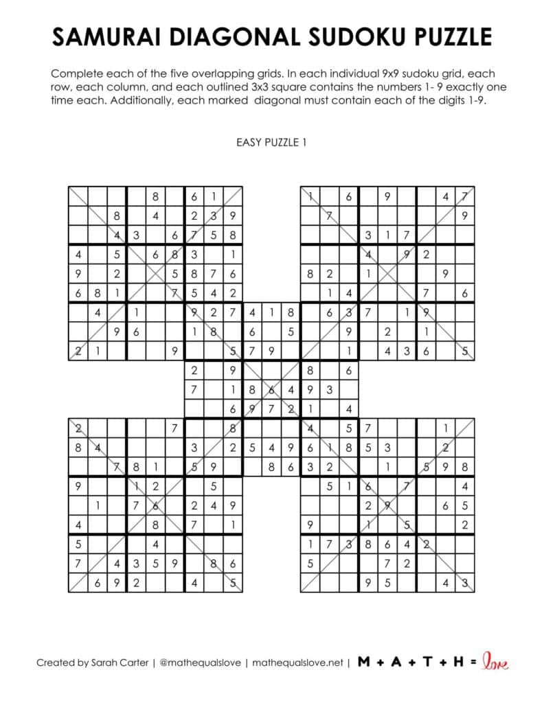 samurai diagonal sudoku puzzle level easy.