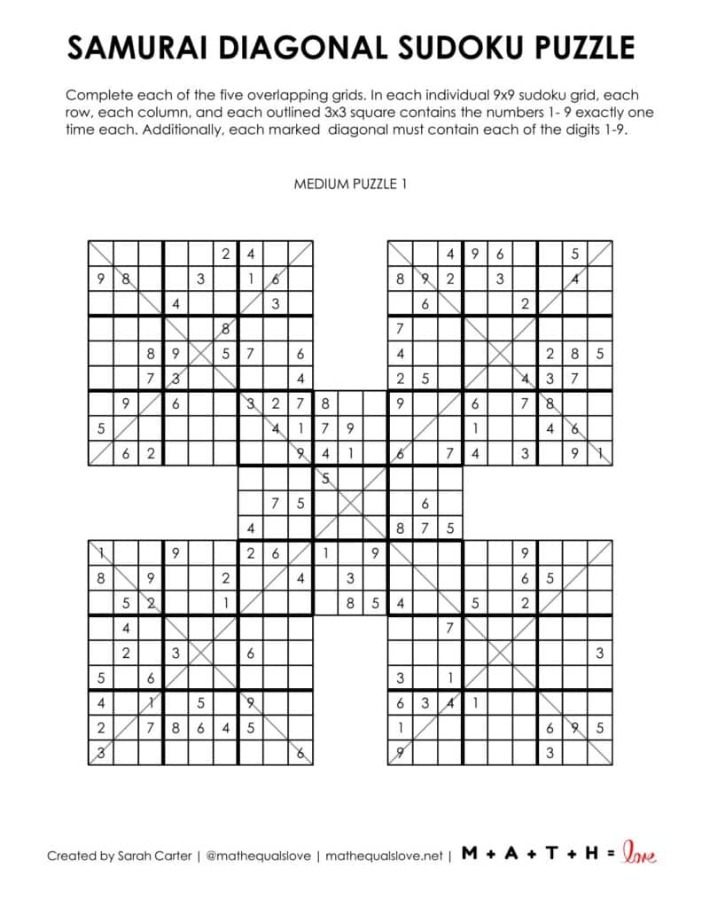 samurai diagonal sudoku puzzle level medium.