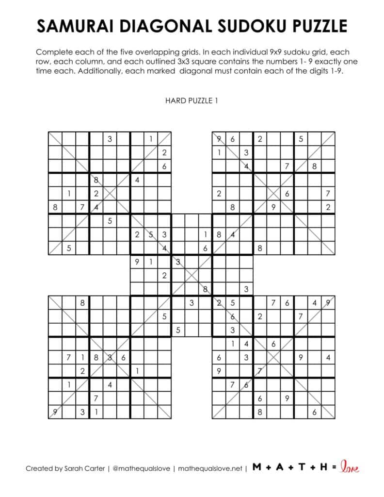 samurai diagonal sudoku puzzle level hard.