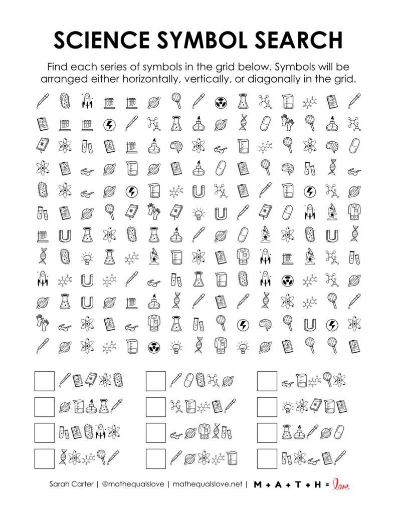 screenshot of science symbol search puzzle.