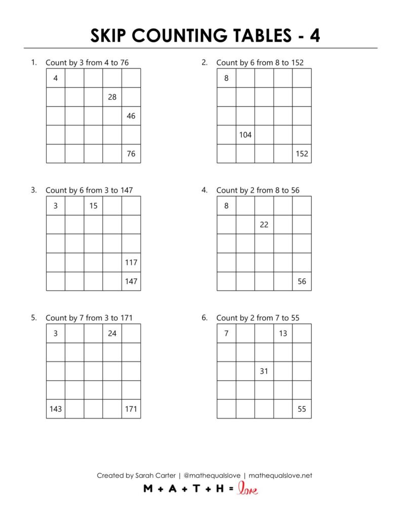 example of skip counting table worksheet for math.