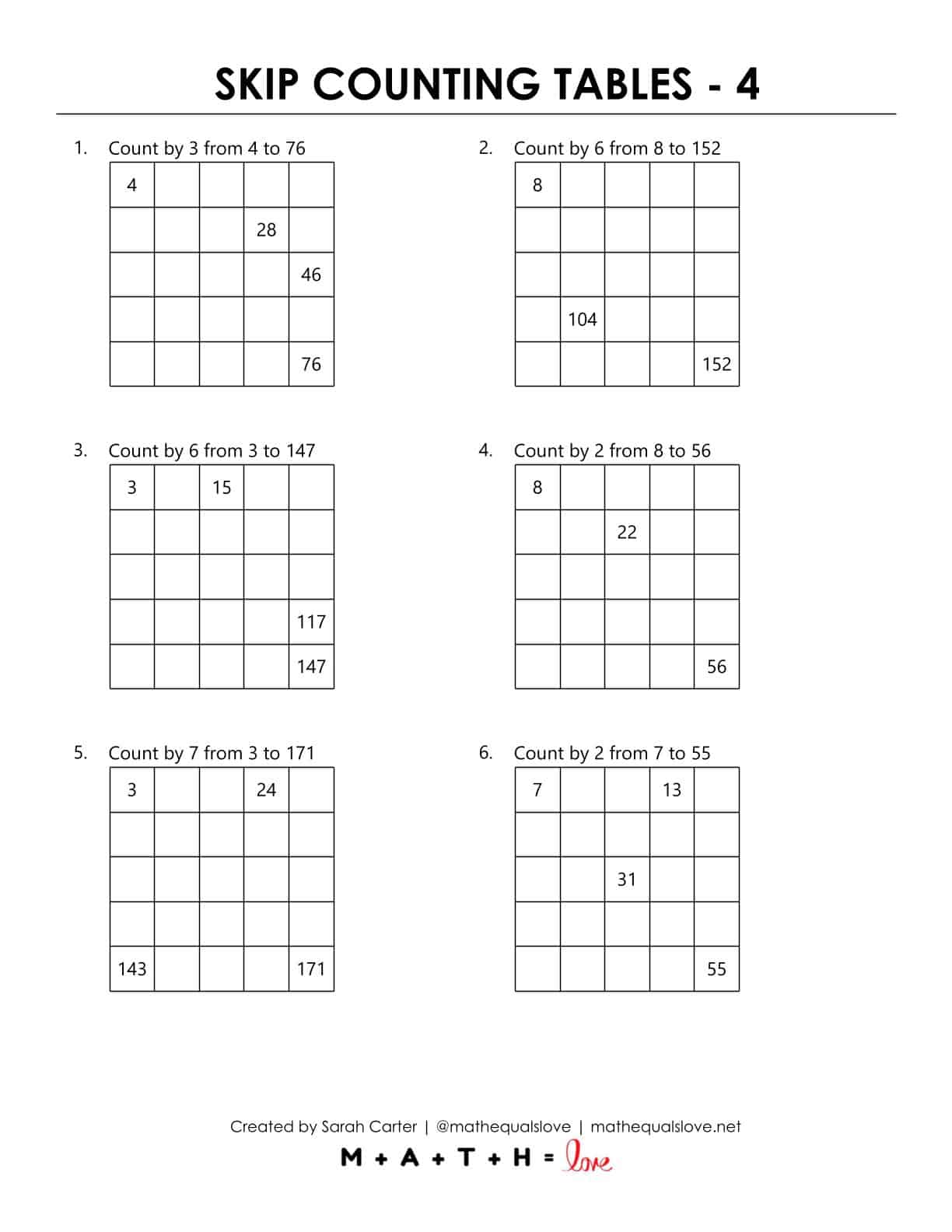 Skip Counting Tables Worksheet | Math = Love