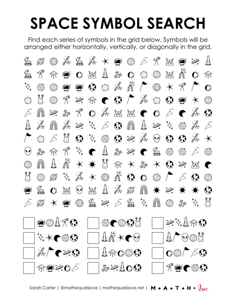 screenshot of space symbol search puzzle.
