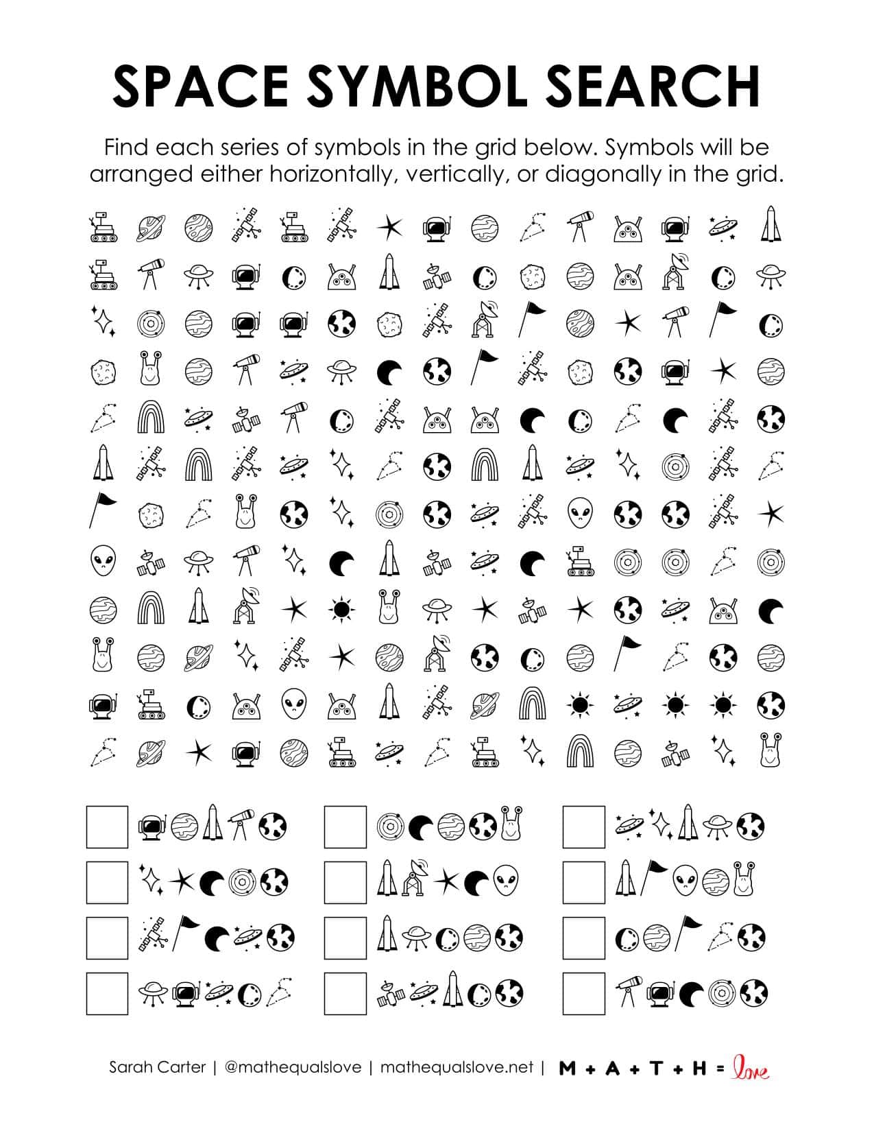 Space Symbol Search Puzzle | Math = Love
