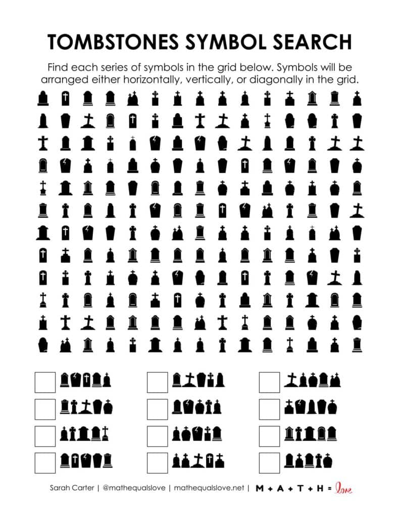 screenshot of tombstones symbol search puzzle for halloween.