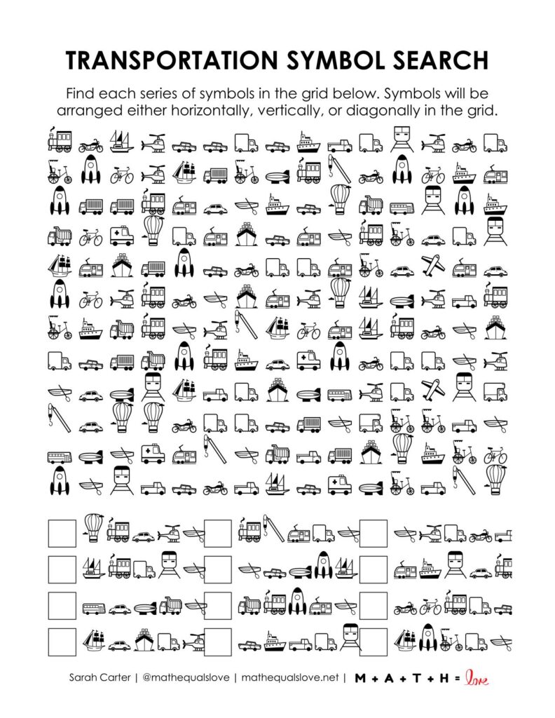 screenshot of transportation symbol search puzzle.